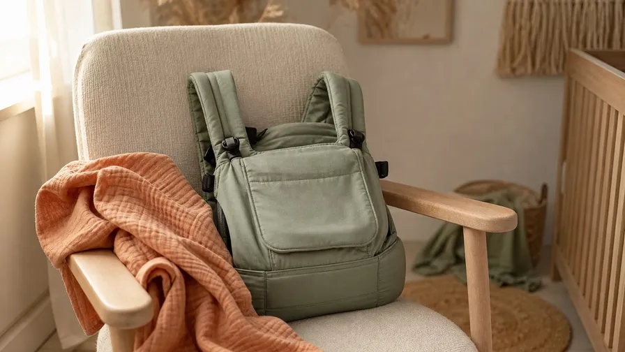 A soft-structured baby carrier folded on a nursery chair beside a muslin blanket