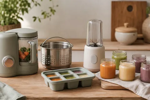 A baby food maker, steamer basket, blender, freezer tray, and glass jars on a kitchen counter