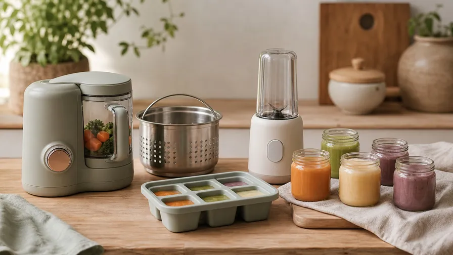A baby food maker, steamer basket, blender, freezer tray, and glass jars on a kitchen counter
