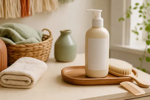 Baby hair products arranged in a warm natural family-home scene