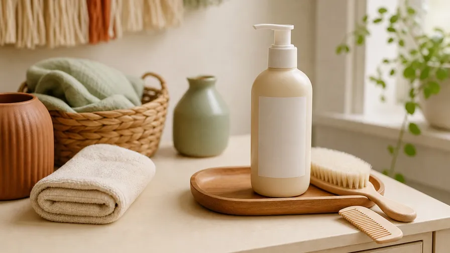 Baby hair products arranged in a warm natural family-home scene