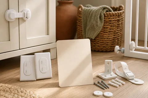 Baby proofing basics arranged in a warm natural family-home scene