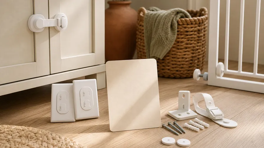 Baby proofing basics arranged in a warm natural family-home scene