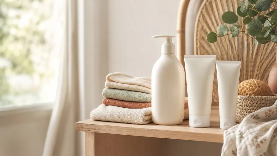 Baby skincare products arranged in a warm natural family-home scene