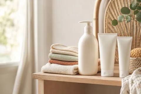 Baby skincare products arranged in a warm natural family-home scene