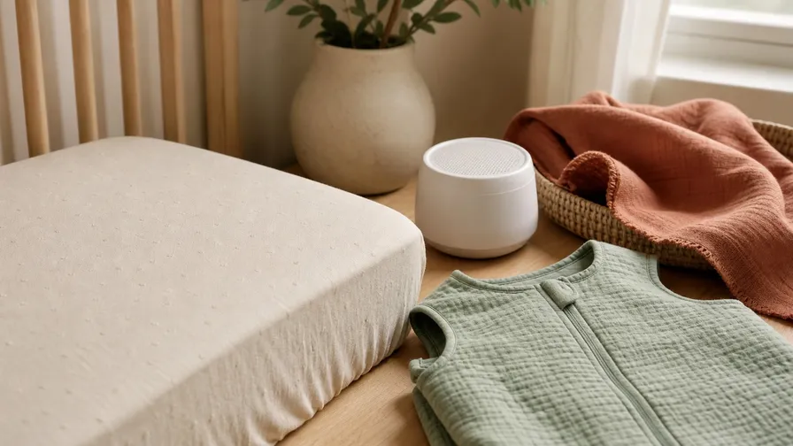Baby sleep products arranged in a warm natural family-home scene