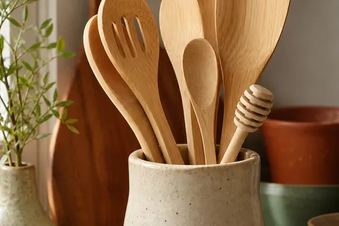 Bamboo kitchen utensils in a crock next to plastic utensils