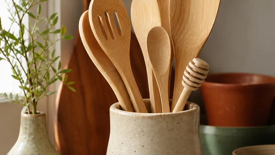 Bamboo kitchen utensils in a crock next to plastic utensils