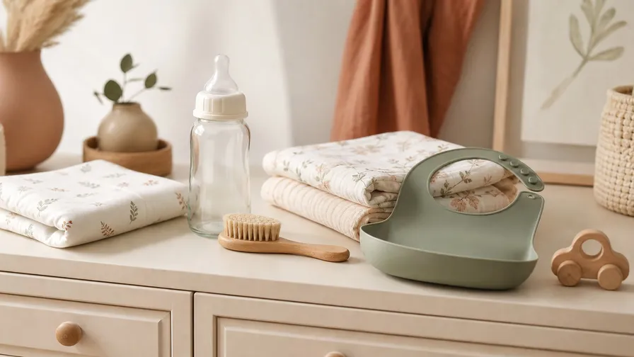 A low-waste baby registry setup with swaddles, glass bottle, silicone bib, and wooden toy