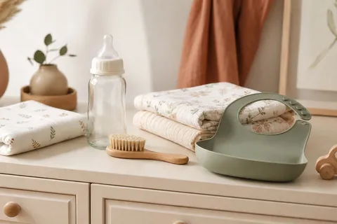 A low-waste baby registry setup with swaddles, glass bottle, silicone bib, and wooden toy