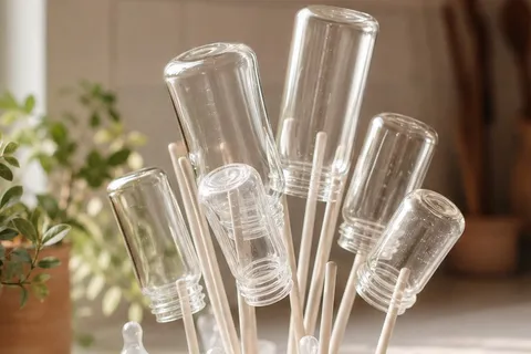 A bottle drying rack arranged in a warm natural family-home scene