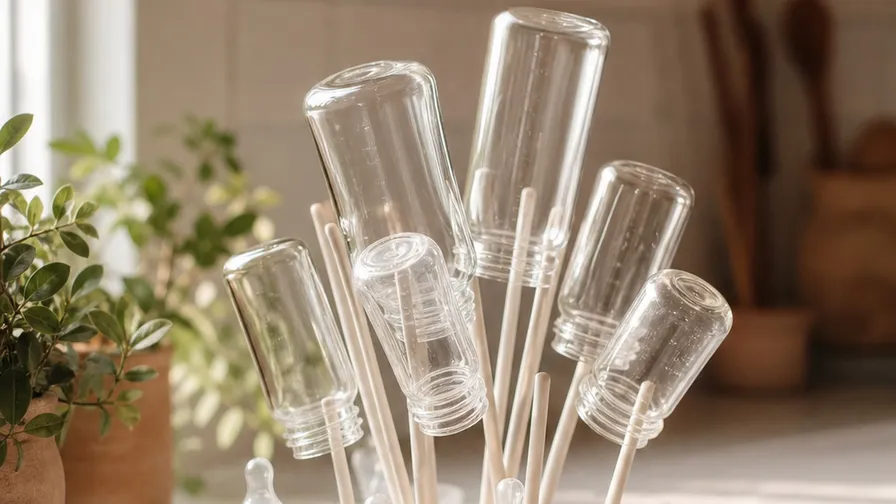 A bottle drying rack arranged in a warm natural family-home scene