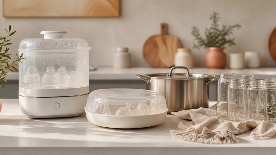 A bottle sterilizer arranged in a warm natural family-home scene