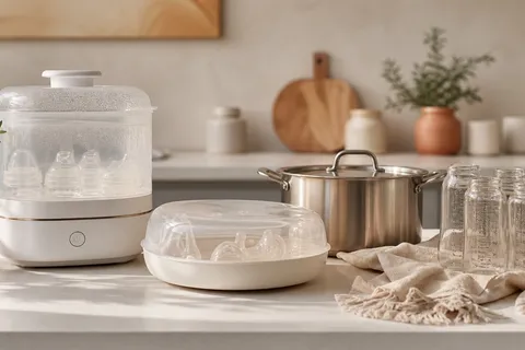 A bottle sterilizer arranged in a warm natural family-home scene