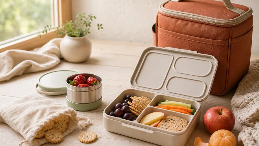 Insulated and bento style child lunch boxes with reusable snack containers on a warm kitchen counter