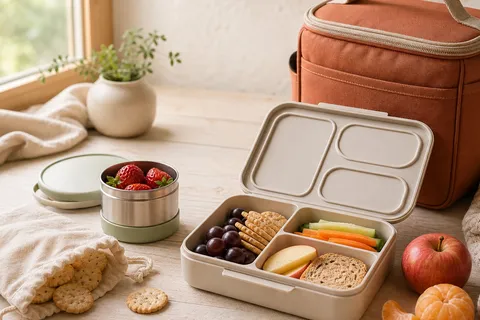 Insulated and bento style child lunch boxes with reusable snack containers on a warm kitchen counter