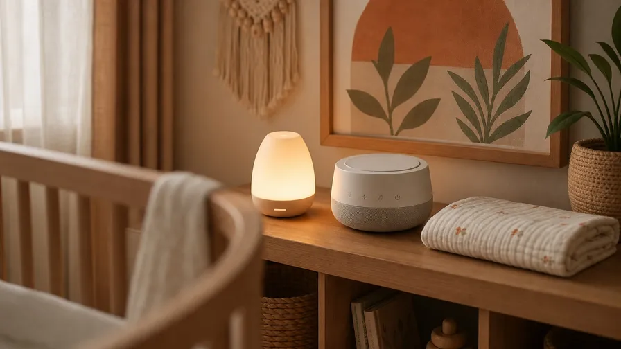 A nursery nightlight arranged in a warm natural family-home scene