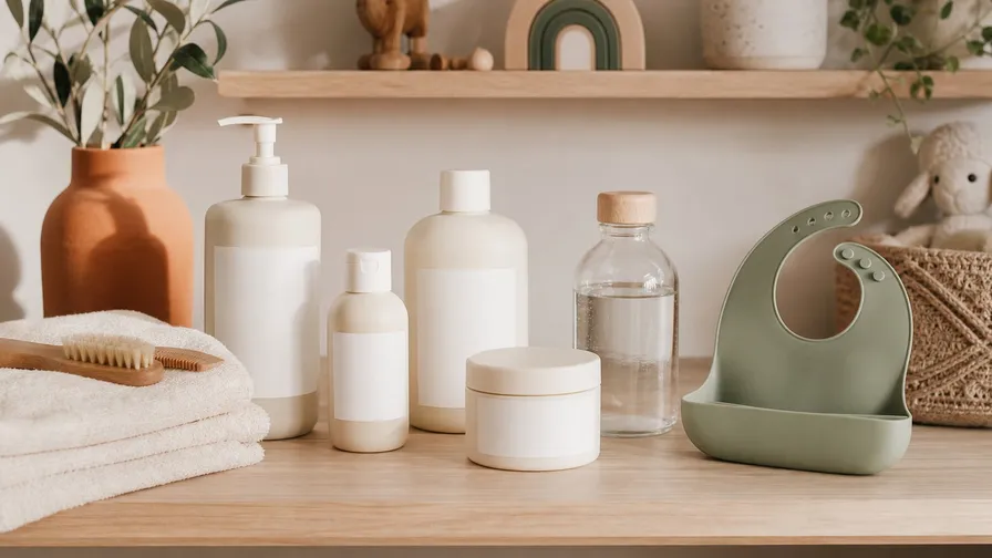 Blank-label baby care bottles, cotton towel, glass bottle, and silicone bib on a nursery shelf