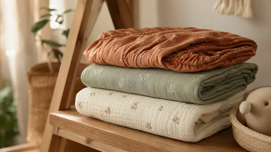 Folded cotton, bamboo, and muslin crib sheets stacked on a wooden nursery shelf