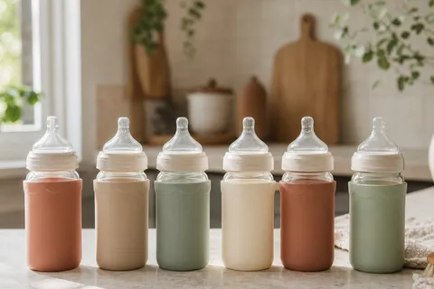 Glass baby bottles lined up on a kitchen counter