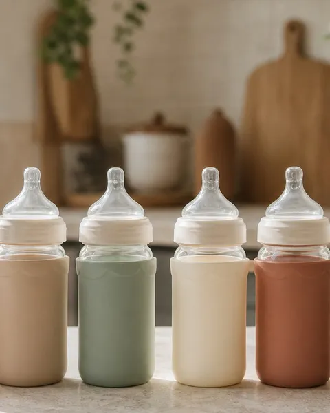 Glass baby bottles lined up on a kitchen counter