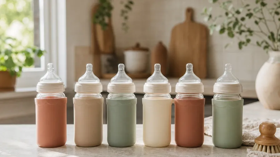 Glass baby bottles lined up on a kitchen counter