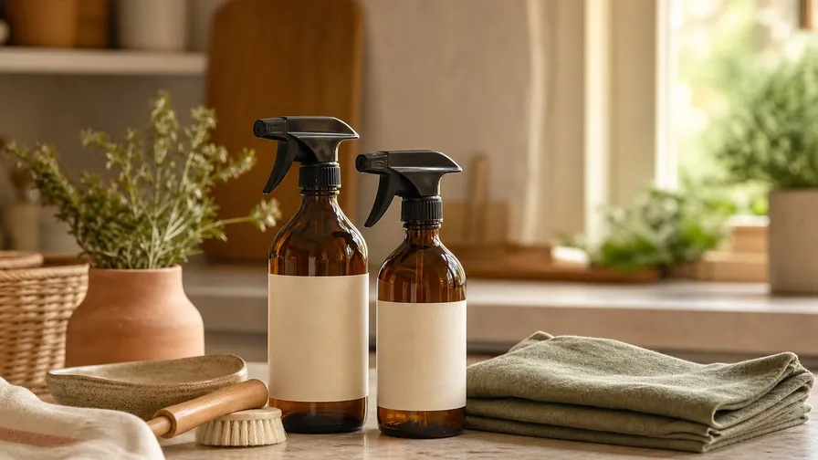 Bottles of natural all-purpose cleaner on a kitchen counter