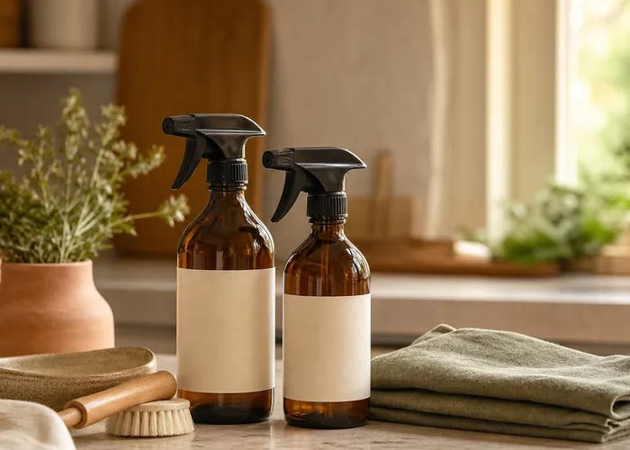 Natural home products arranged on a kitchen counter