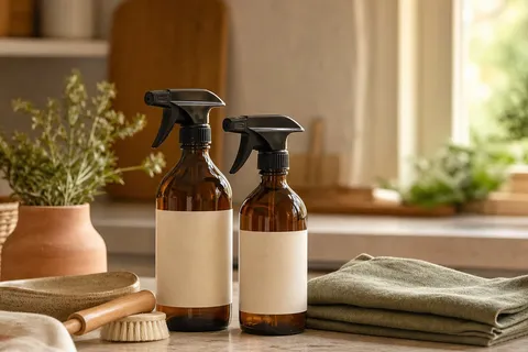 Bottles of natural all-purpose cleaner on a kitchen counter