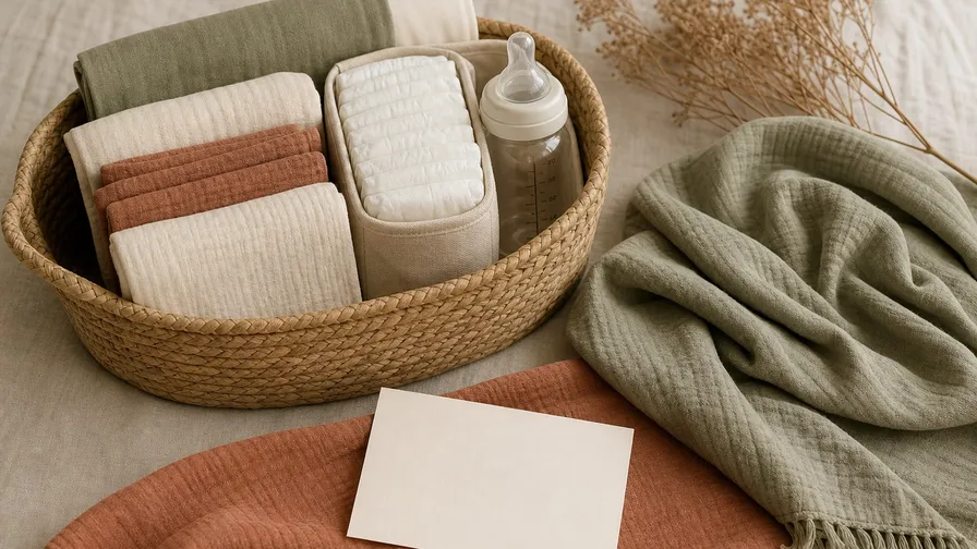 A basket of new baby essentials with swaddles, sheets, bottles, and a diaper caddy
