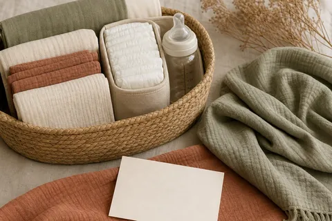 A basket of new baby essentials with swaddles, sheets, bottles, and a diaper caddy