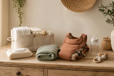 A practical new mom baby product setup with carrier, swaddle, bottle, diaper caddy, and wipes pouch
