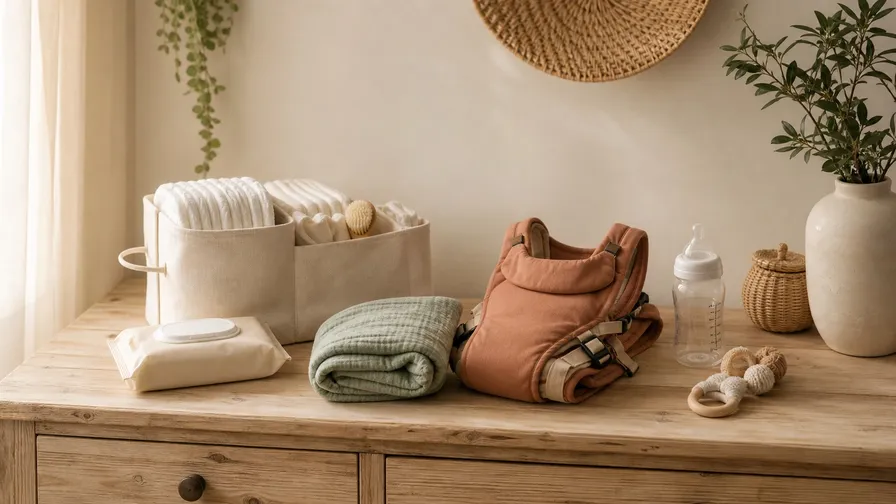 A practical new mom baby product setup with carrier, swaddle, bottle, diaper caddy, and wipes pouch