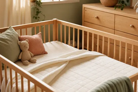 A crib mattress with organic cotton cover in a nursery