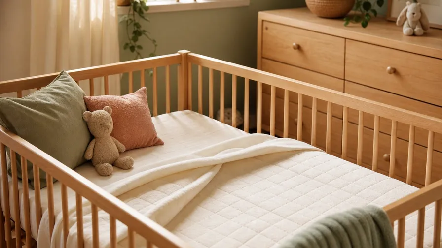 A crib mattress with organic cotton cover in a nursery