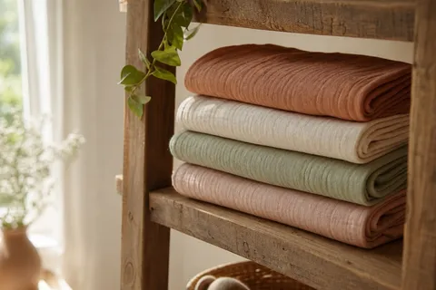 Folded organic cotton swaddle blankets stacked on a nursery shelf