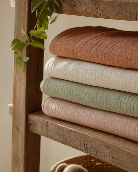 Folded organic cotton swaddle blankets stacked on a nursery shelf