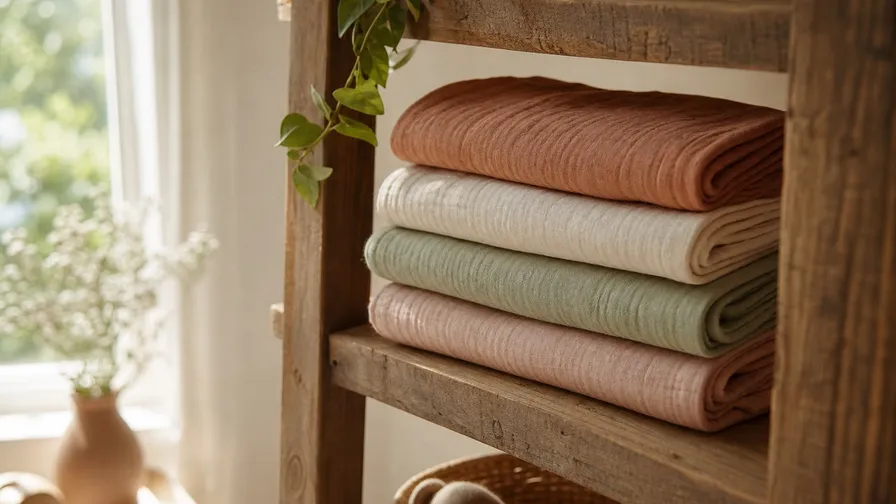 Folded organic cotton swaddle blankets stacked on a nursery shelf