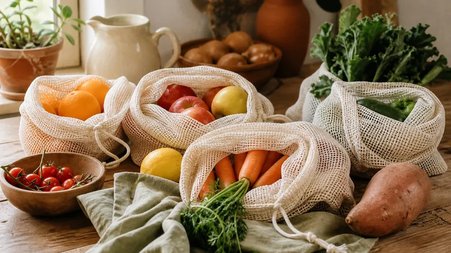Reusable mesh produce bags filled with fruit and vegetables