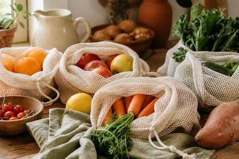 Reusable mesh produce bags filled with fruit and vegetables
