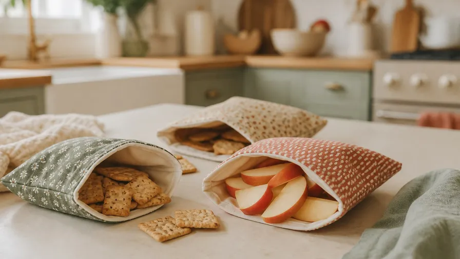 Reusable snack bags with fruit and crackers on a warm kitchen table