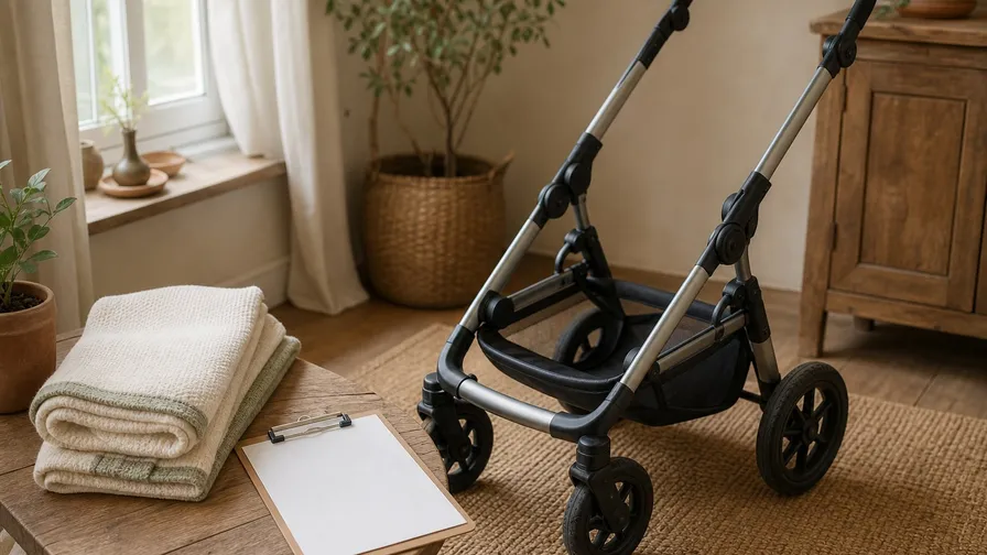 Secondhand baby gear inspection setup with a clean stroller frame and blank checklist