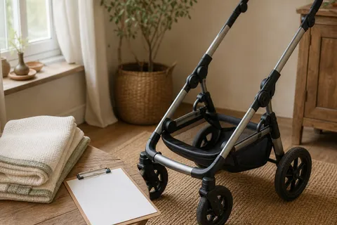 Secondhand baby gear inspection setup with a clean stroller frame and blank checklist