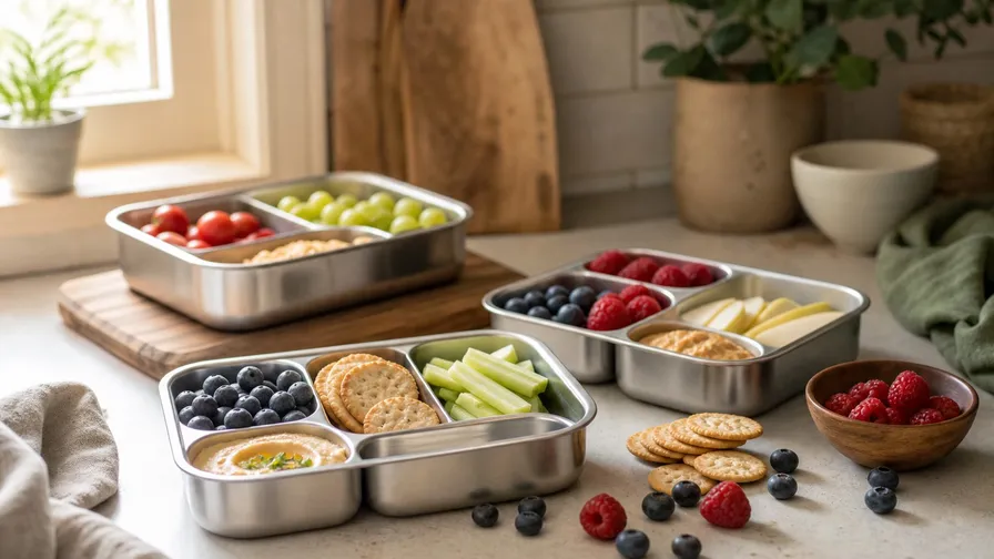 Stainless steel kids snack containers with fruit and crackers on a cream kitchen counter