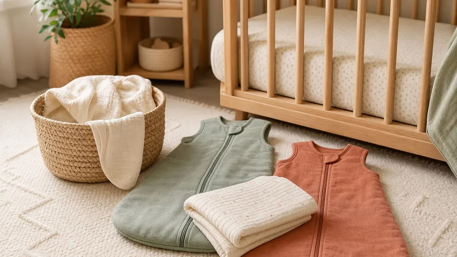 Swaddle transition sleep sacks arranged in a warm natural family-home scene