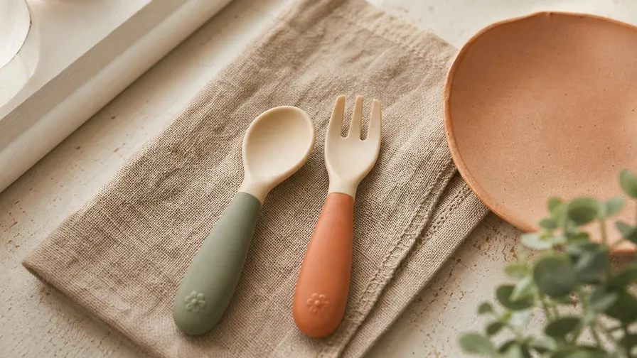 A toddler fork and spoon on a linen napkin beside a small plate