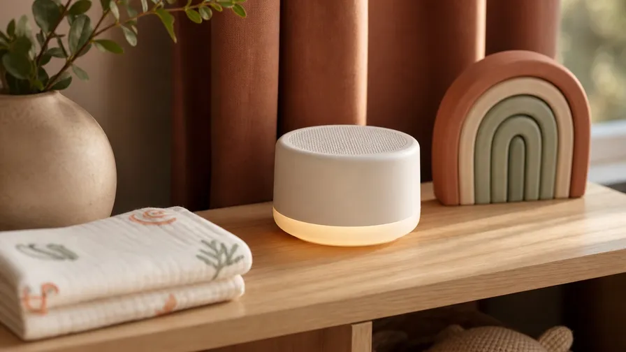 A white noise machine arranged in a warm natural family-home scene