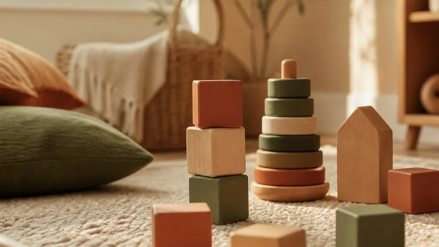 Wooden baby toy blocks next to colorful plastic stacking toys