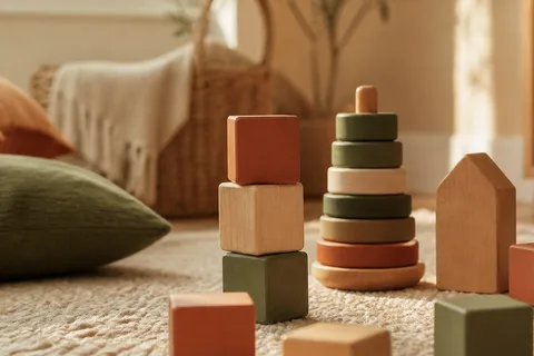 Wooden baby toy blocks next to colorful plastic stacking toys