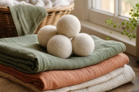 Wool dryer balls sitting on top of folded laundry